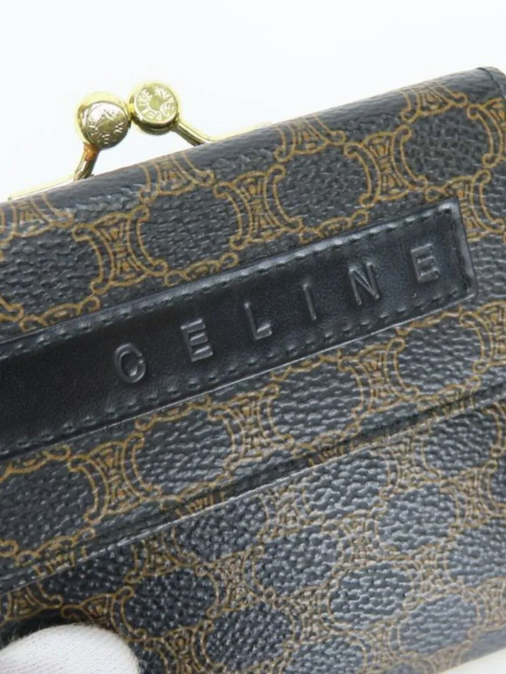 Celine Trifold Wallet Macadam Leather Brown Black Clasp Compact - Picture 4 of 9